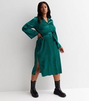 New Look Curves Dark Green Satin Belted Split Hem Midi Shirt Dress